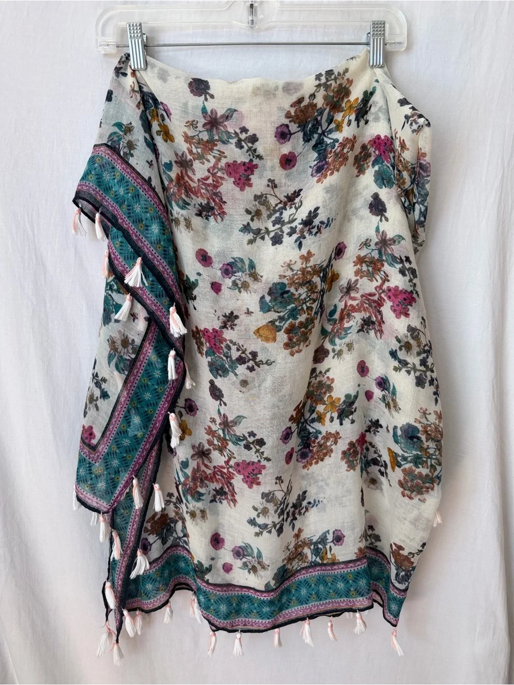 Floral Jewel Toned Folk Tassel Scarf Wrap